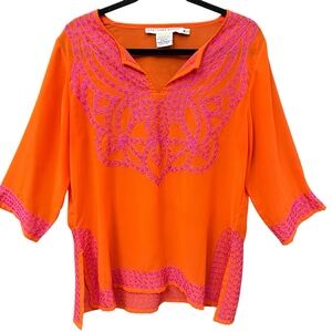 Gretchen Scott Orange Pink Embroidered Tunic Top 3/4 Sleeve Semi Sheer M Resort
